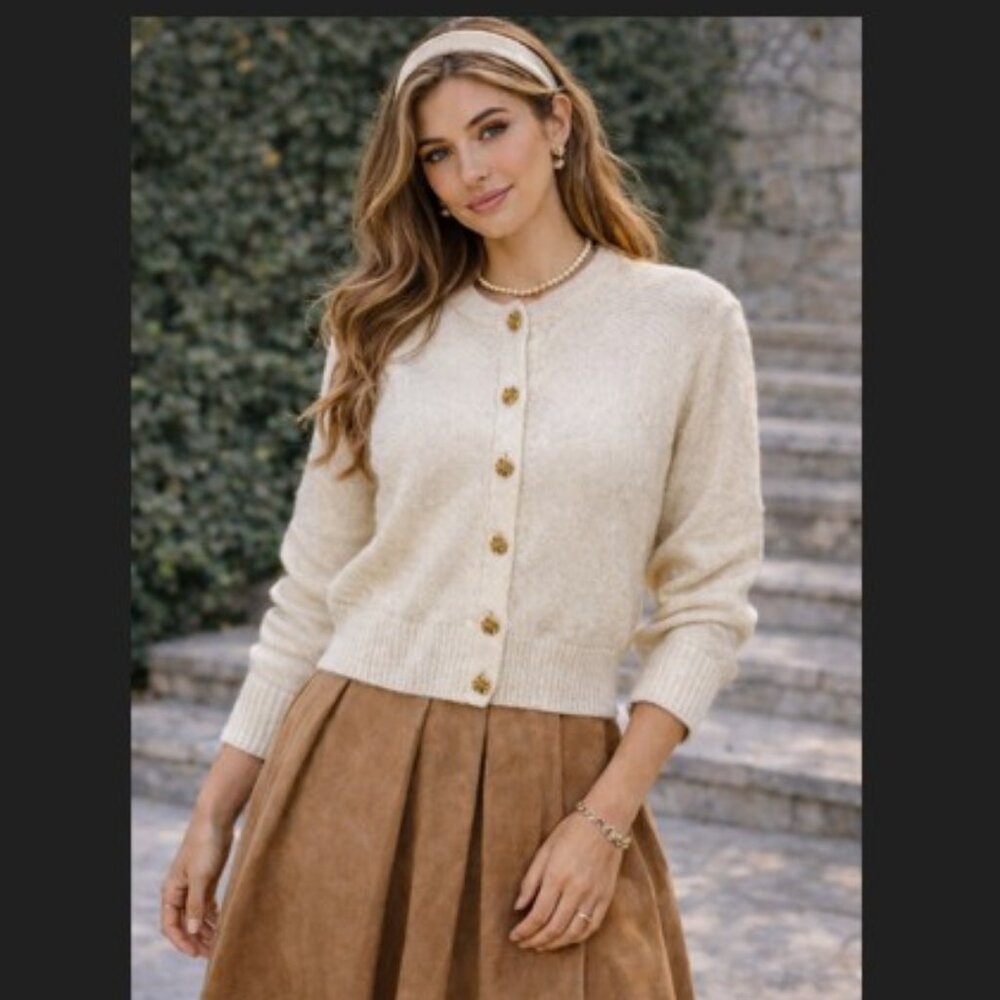 Ballantyne Scotland Wool Cardigan M Cream Gold Button Vintage Knit